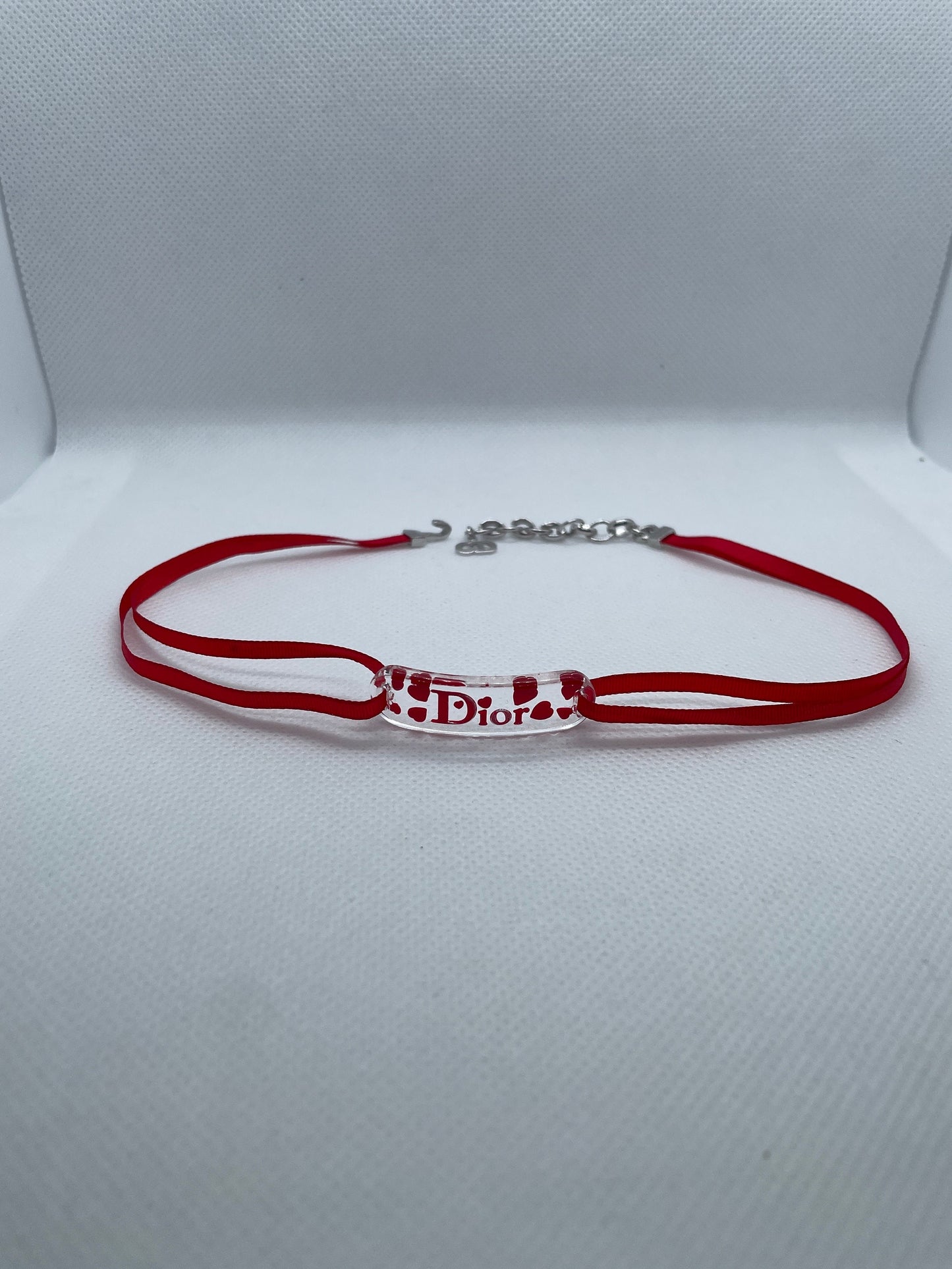 Christian Dior Acrylic Logo Heart Red Ribbon Choker Necklace
