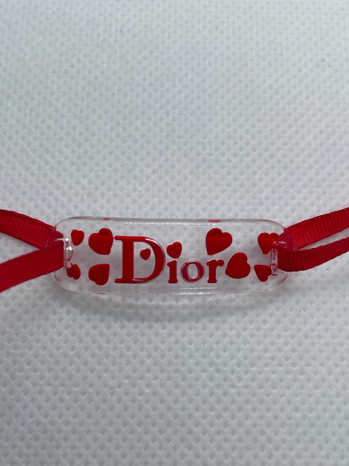 Christian Dior Acrylic Logo Heart Red Ribbon Choker Necklace