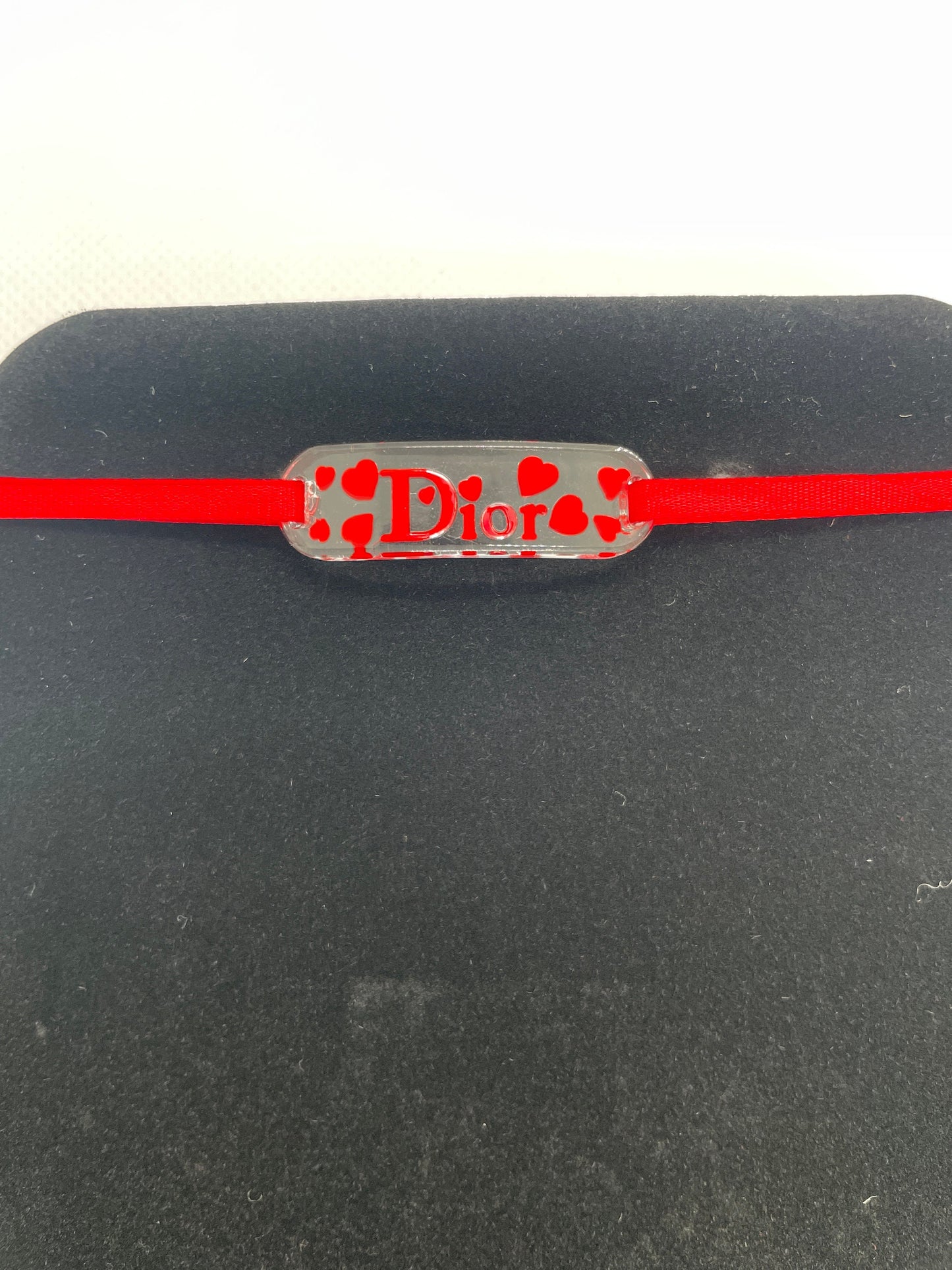 Christian Dior Acrylic Logo Heart Red Ribbon Choker Necklace