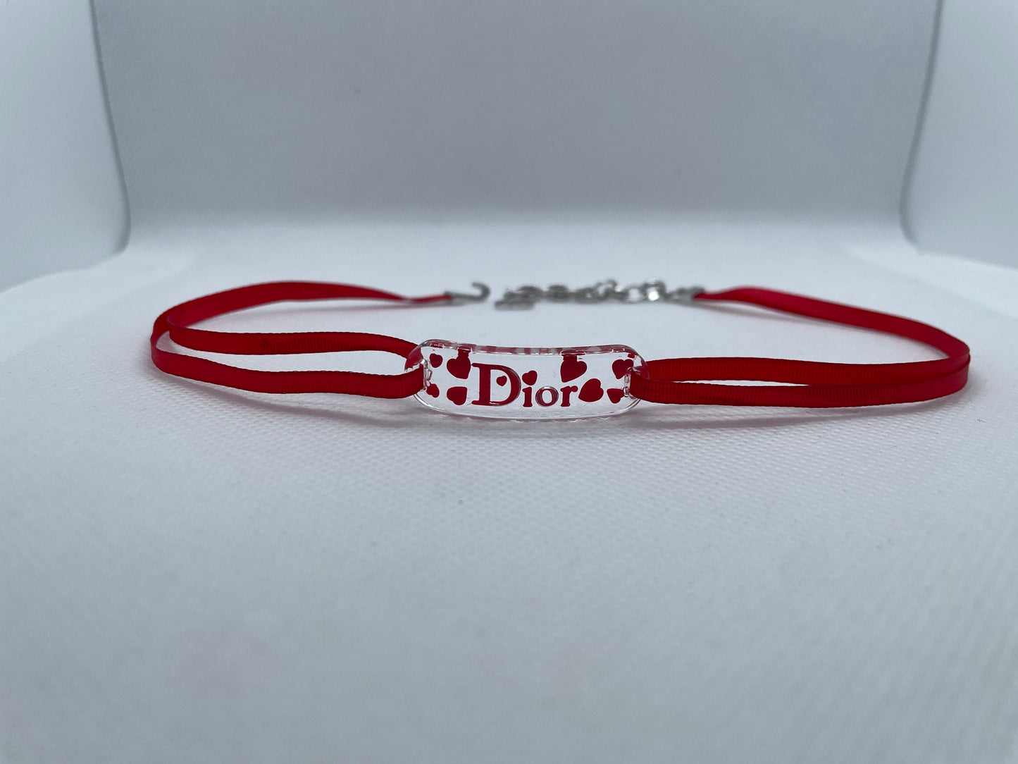 Christian Dior Acrylic Logo Heart Red Ribbon Choker Necklace