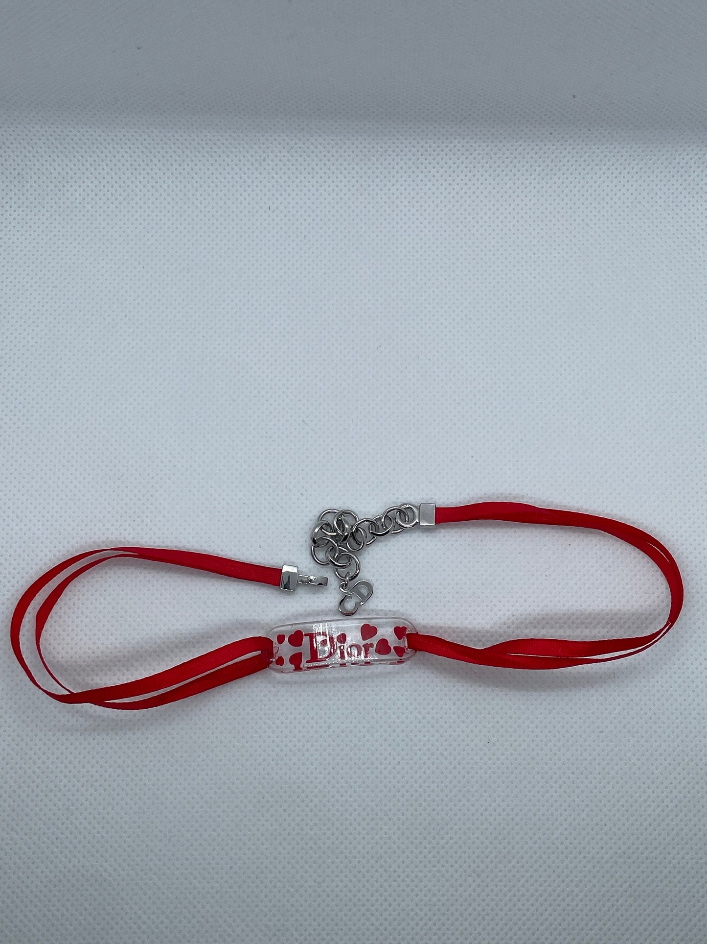 Christian Dior Acrylic Logo Heart Red Ribbon Choker Necklace