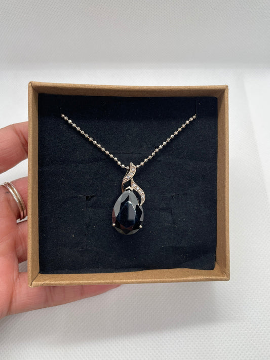 Vintage black onyx and marcasite pendant with 16” 925 silver chain