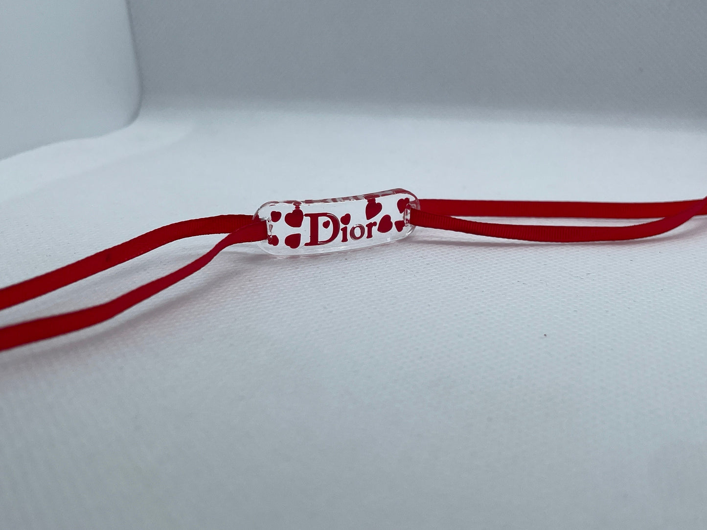 Christian Dior Acrylic Logo Heart Red Ribbon Choker Necklace